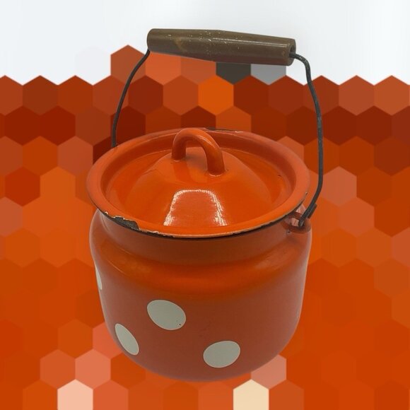 Enamel VTG  6 Inch High Mllk Can or Milk Churn Red/Orange w/White Polka Dots - Picture 14 of 16